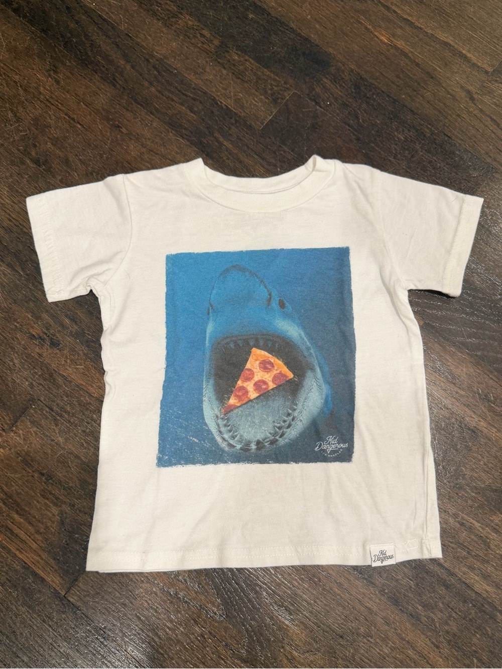 Sz 4T Kid Dangerous White Graphic tee w/ shark and pizza